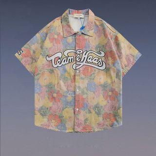 Elbow-sleeve Lettering Floral Shirt