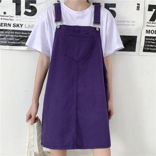 Pocket Detail Denim Mini Overall Dress / Short-sleeve Plain T-shirt