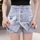 High-waist Printed Sequined Panel Plaid Denim Skirt
