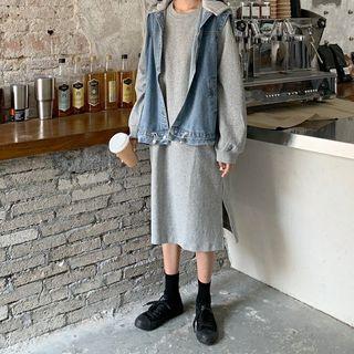 Loose-fit Hooded Denim Vest / Plain Loose-fit Dress