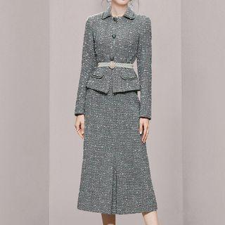 Set: Collared Single-breasted Tweed Jacket + Midi Pencil Skirt