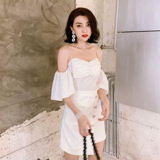 Rhinestone Cold Shoulder Puff-sleeve Top