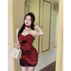 Choker-neck Floral Print Shirred Bodycon Dress