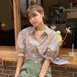 Puff-sleeve Floral Print Shirt Floral - Yellow & Purple - One Size