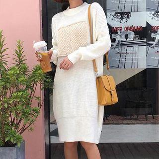 Color Block Long-sleeve Knitted Dress Black - One Size