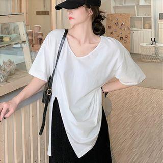 Loose-fit Short Sleeve Plain Side-slit T-shirt