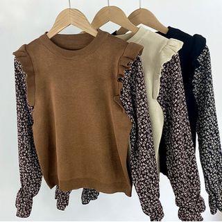 Mock Two-piece Long-sleeve Knit Panel Floral Top