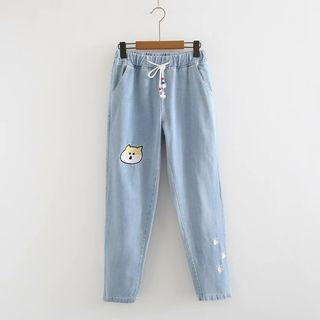 Dog Embroidered Straight Fit Jeans