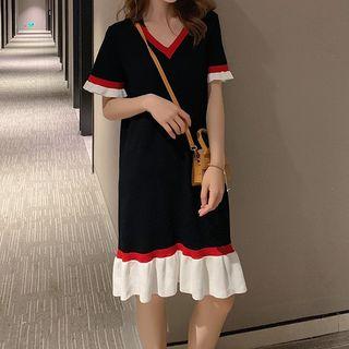 Contrast Trim Short-sleeve Shift Dress Black - One Size