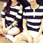 Couple Matching Striped Short-sleeve T-shirt / Set: Striped Elbow-sleeve T-shirt + Shorts