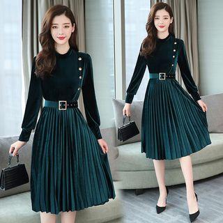 Long-sleeve Midi Velvet Pleated Dress