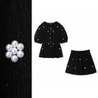 Short-sleeve Faux Pearl Corduroy Top / Mini A-line Skirt / Set