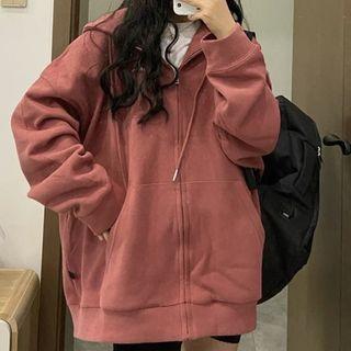 Zip-up Hooded Jacket Brown - One Size