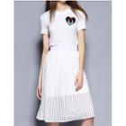 Set: Short Sleeve Embroidered T-shirt Dress + Striped Midi Skirt