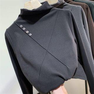Mock Neck Long Sleeve Buttoned T-shirt