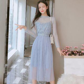 Set: Long-sleeve Lace Top + Spaghetti Strap Sequined Mesh A-line Midi Dress