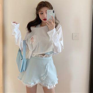 Long-sleeve T-shirt / Halter Crop Top / Mini Skirt / Shirred Shorts