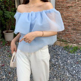 Off Shoulder Plain Mesh Top Blue - One Size