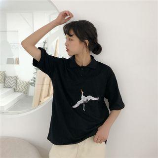 Short-sleeve Crane Embroidered Polo Shirt