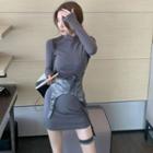 Long-sleeve Plain Dress / Faux Leather Corset