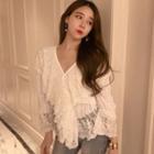 V-neck Lace Long-sleeve Top White - One Size