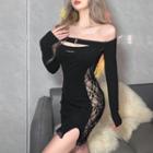 Long-sleeve Off-shoulder Lace Panel Slit Mini Bodycon Dress