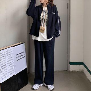 Letter Embroidered Striped Zip Jacket / Wide-leg Pants