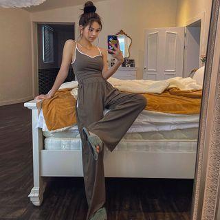 Set: Piped Sleeveless Top + Wide-leg Pants