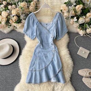 V-neck Asymmetrical Ruffle Denim Dress