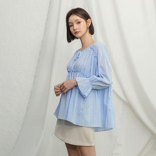 Tie-front Check-pattern Peasant Blouse
