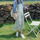 Long-sleeve Top / Spaghetti Strap Floral Print Dress / Set