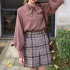 Mini A-line Plaid Skirt / Lantern-sleeve Blouse