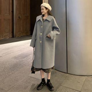 Plain Coat / Long-sleeve Floral Print Midi A-line Dress