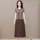 Set: Short-sleeve Striped Drawstring T-shirt + Midi A-line Skirt