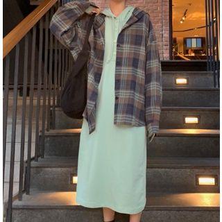 Drawstring Midi Hoodie Dress / Plaid Shirt