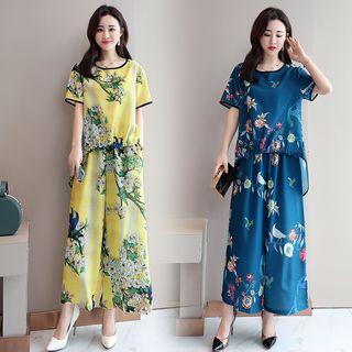 Set: Floral Short-sleeve Top + Wide Leg Pants