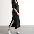 Short-sleeve V-neck Midi T-shirt Dress Black - One Size