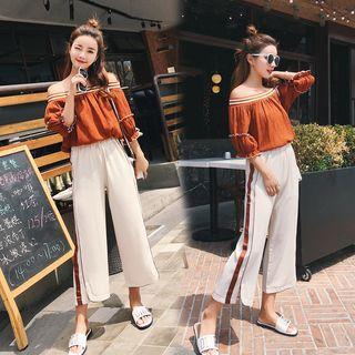 Set : Off-shoulder Short-sleeve Top + Wide Leg Pants