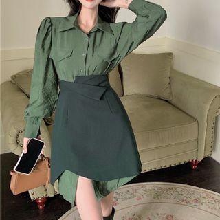 Puff-sleeve Shirtdress / Asymmetrical A-line Skirt