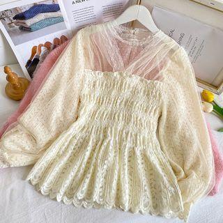 Mesh-panel Smocked Lace Top