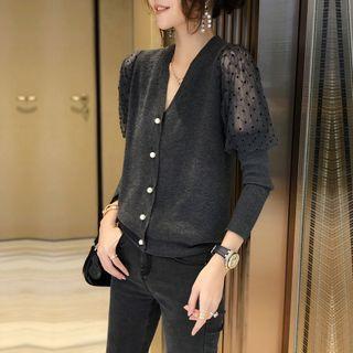 Puff-sleeve Dotted Panel Cardigan