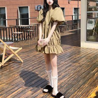 Plain Shirred Lantern-sleeve Dress