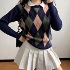 Round-neck Long-sleeve Argyle Color-block Sweater Argyle - One Size
