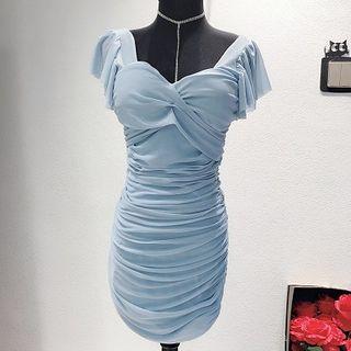 Cap-sleeve Crinkled Mini Dress Sky Blue - One Size