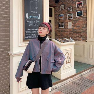 Plain Zip Bomber Jacket Purple - One Size