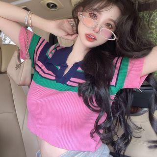 Short-sleeve Knit Cropped Top Top - One Size