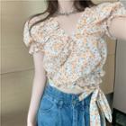 Tie-waist Ruffle Trim Floral Top White & Yellow - One Size