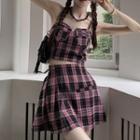 Set: Plaid Cropped Camisole Top + Mini Pleated Skirt