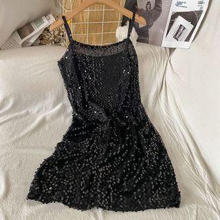 Spaghetti Strap Sequined Mini A-line Dress Black - One Size