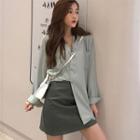Notch-lapel Shirt / Faux Leather Mini A-line Skirt